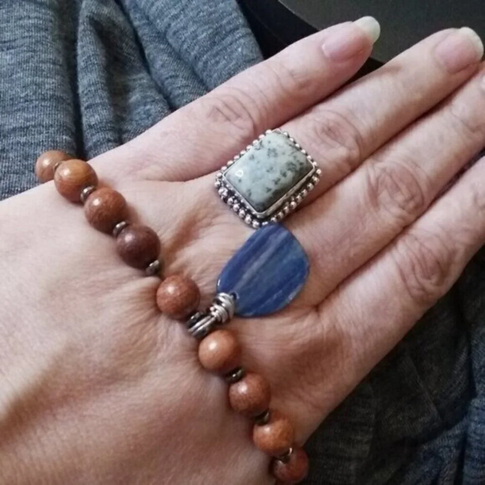 Blue Kyanite + Hematite + Wood ~ Beaded Stretch Bracelet ~ 6-6.5